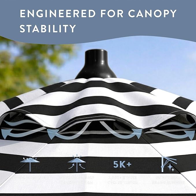 California Umbrella 12-Year Protection 7.5-Ft Outdoor Patio Umbrella, Sunbrella Fade-Resistant Fabric, Auto-Tilt, Heavy Duty Aluminum Frame, 8 Reinforced Ribs for Pool or Deck, Black Pole, Cabana Classic