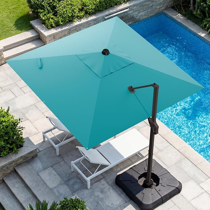 GENTEACO 10X10 FT Cantilever Umbrella, Large Offset Patio Umbrella with 6 Angle Tilts & 360° Rotation, Large Square Sun Umbrellas for Outdoor Patio Pool Deck Market, Turquoise Blue