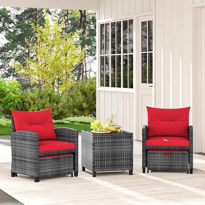 Tangkula 5 Pieces Patio Conversation Set, PE Wicker Rattan Outdoor Furniture Set with 2 Chairs, 2 Ottomans & Tempered Glass Coffee Table, Ideal for Poolside, Backyard, Lawn, Deck, Mix Grey & Red