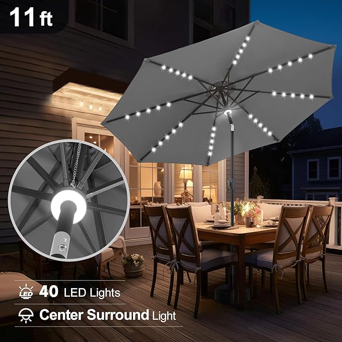 FLAME&SHADE 11 FT Solar Light Patio Umbrella, 40 LED Lights Outdoor Umbrella with Centre Surround Light, Table Market Umbrella for Deck, Pool, Porch, Backyard, Garden, UV Protection, Anthracite