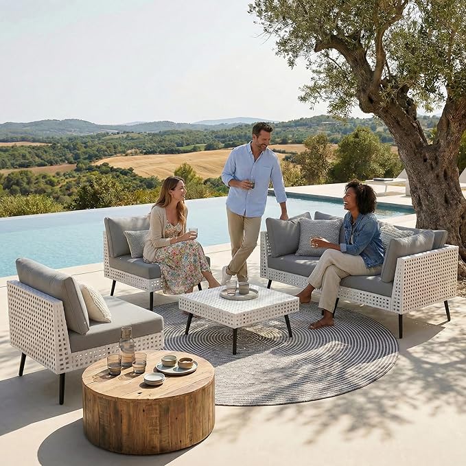 5 Piece Patio Furniture Sets, Modular Patio Sectional Conversation Sets with Upgraded Cationic Fabric Cushions & Outdoor All-Weather Handwoven Open Weave Wicker for Garden, Poolside, Backyard