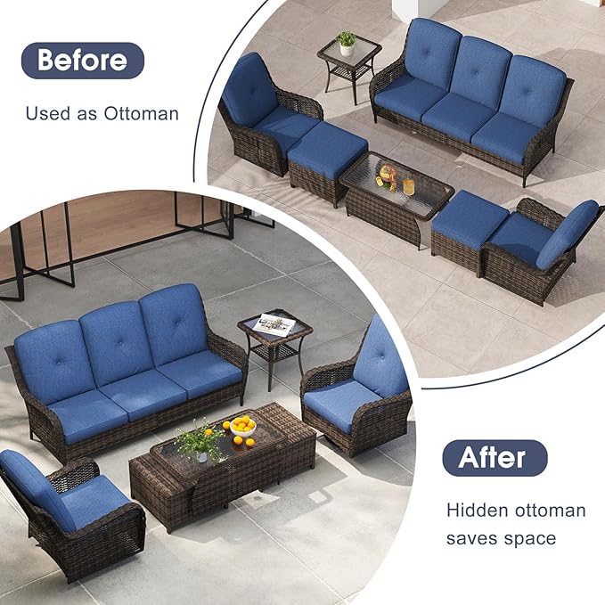 kinbor Outdoor Sectional Furniture - Outdoor Patio Conversation Sets, 7 Pieces Outdoor Sectional Sofas with Swivel Rocking Chair, Brown Wicker Rattan Patio Furniture Set, Navy Blue