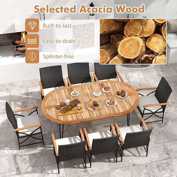 Tangkula 9 Pieces Patio Rattan Dining Set, Outdoor Oval Acacia Wood Dining Table and 8 Patio Wicker Armchairs Set with Umbrella Hole, Cushions, Metal Frame, Outdoor Dining Furniture Set for Garden