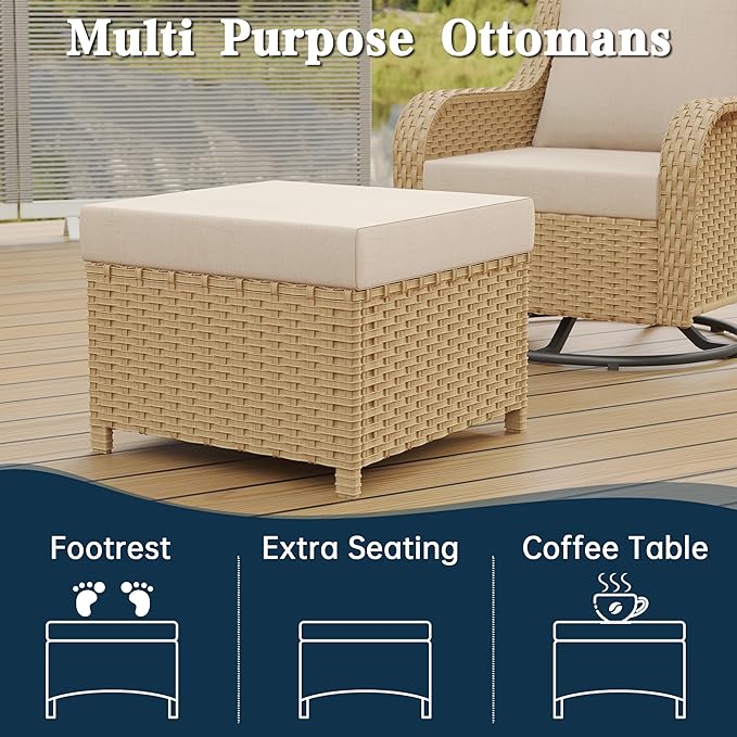 6 Piece Patio Furniture Set with Swivel Chairs, Side Table & Ottomans, Outdoor Patio Conversation Set with Comfortable Cushions for Backyard, Deck, Porch, Poolside - Beige Wicker with Cushions