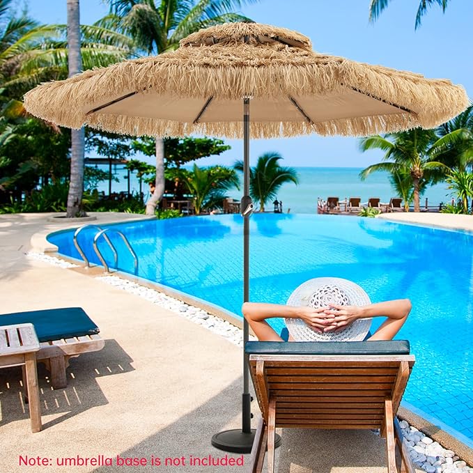 Tangkula 9 ft Thatched Patio Umbrella, 2 Tier Hawaiian Style Grass Beach Umbrella with 32 Led Lights, Center Light, Solar Tiki Umbrella with 8 Ribs, Tilt Adjustment, Manual Crank for Backyard Pool