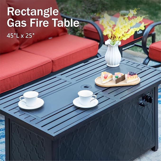 PHI VILLA 4 Piece Patio Furniture with Metal FirePit Table, 1 x 3-Seat Wide Deep Seating Bench & 2 x Swivel Sofa Chairs, 5.75" Thick Cushioned Outdoor Furniture Conversation Set for 5, Red