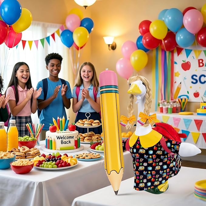 23" Back to School Porch Goose Outfit, Curly Wig (Statue not Included) | Complete 6 piece back to school goose set, Wavy unbraided wig + dress + pencil clips + inflatable pencil + red bag + tape