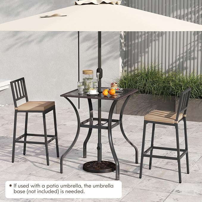 Tangkula Bistro Bar Table, 28.5" Square Bar Height Bistro Table w/ 2" Umbrella Hole, Silkscreen Glass Tabletop & Rattan Edge, Heavy-Duty Metal Legs, Outdoor Patio Bar Table for Poolside, Backyard
