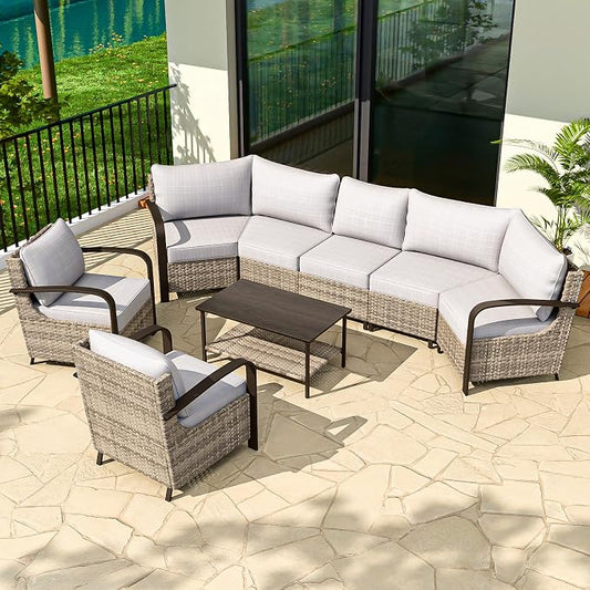 COOS BAY Aurora Terrace 6 Piece Outdoor Sectional Furniture Set, Half Moon Rattan Wicker Conversation Set with Patio Chairs, 5 Seat Sofa & Coffee Table for Patio Garden Yard, Beige/Beige