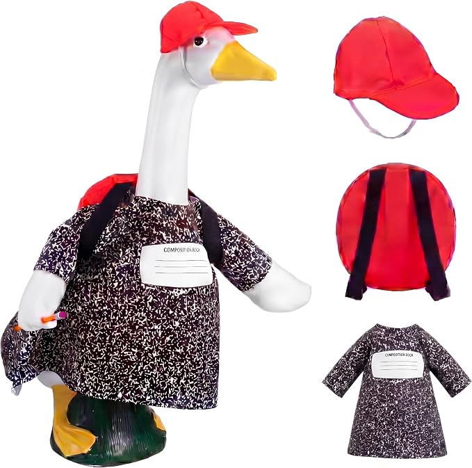 Back to School Porch Goose Outfit First Day of School Composition Notebook Goose Clothes Dress with Red Hat Backpack Pencil Geese Costume for 17-23 Inch Geese Statue Lawn Outdoor Patio Decor