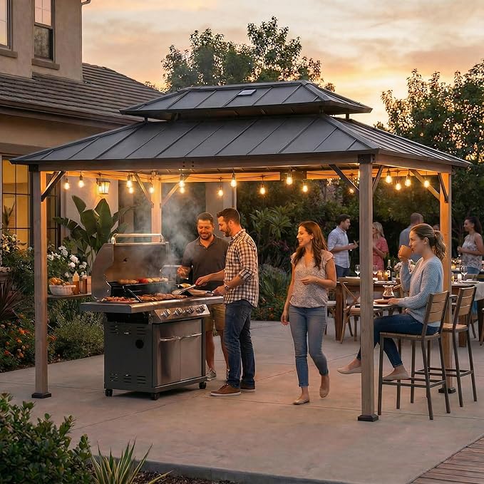 Sunjoy Wooden Grill Gazebo, 8 x 12 ft. Steel Hardtop Gazebo with Solar Power for Year-Round Grilling - 2 Full Size Grills, Griddles or Smokers - Outdoor Cooking Shelter for Backyard BBQs Party, Brown