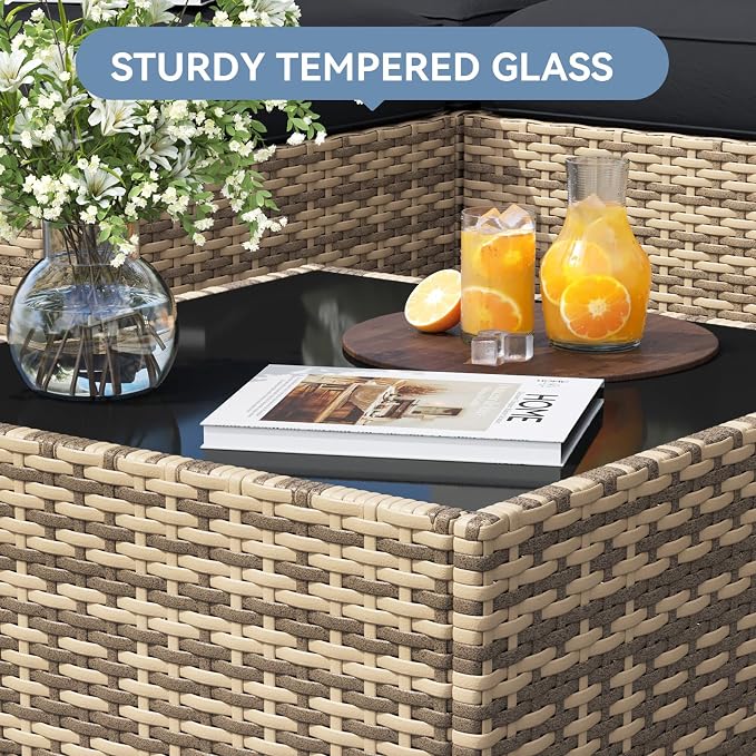 LazySunsets 8 Piece Outdoor Patio Furniture Set with 44'' Fire Pit Table, Outdoor Patio Furniture Set with Thicken Cushion, Wicker Rattan Outdoor Conversation Set for Backyard & Garden, Black