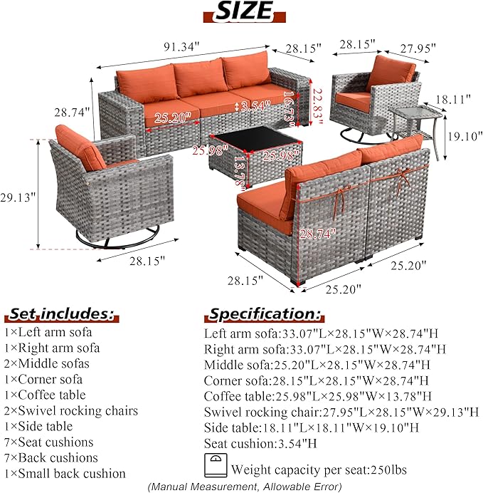 HOOOWOOO Outdoor Patio Sectional Furniture Sofa Set with Swivel Rocking Chairs,9 Piece Modern Wicker Couch with Widened Armrest,Modular Conversation Seating Set for Garden(Orange Red)