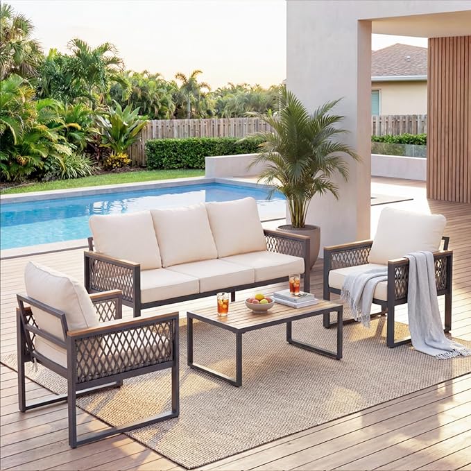 UPHA 4 Pieces Patio Furniture Set, Metal Outdoor Sectional Couch Set with 3-Seat Sofa, 2 Chairs, Coffee Table, Modern Patio Conversation Set for Porch Balcony Deck, 5 Seats, Beige