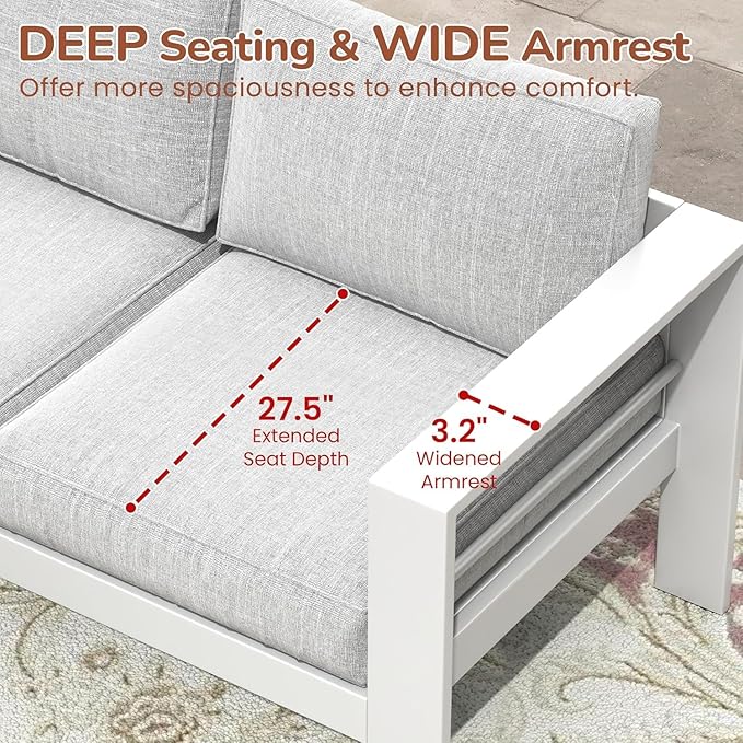 Outdoor Conversation Sets, Aluminum Patio Couch with Outdoor Coffee Table, All-Weather Metal Patio Couch with 5" Thick and Soft Cushion and Wide Arm, Outdoor Sofa Sets for Balcony, Porch, White