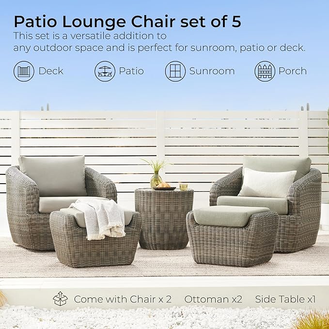 CHITA 5 Pieces Patio Wicker Furniture Set, Outdoor Rattan Bistro Set with Removable Thickened Cushions, Fully Assembled(Gray Cushions with Brownish Gray Wicker)