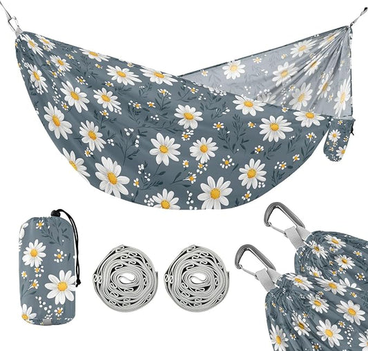 Camping Hammock Outdoor Hammocks for Outside Gray Daisy Beach Trees Portable Lightweight with Pockets Tree Straps Indoor