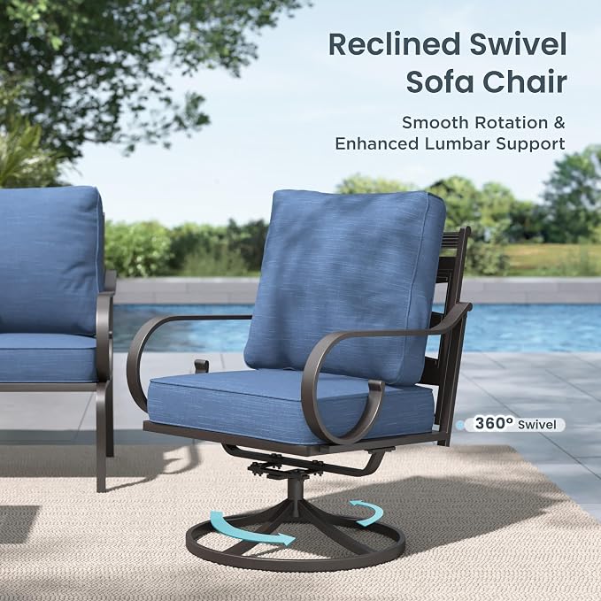 PHI VILLA Patio Furniture Set, 3-Seater Sofa, 2 Swivel Chairs and a Coffee Table, Outdoor Metal Conversation Set with 5.75" Extra Thick Cushion for Garden Backyard Deck, Navy