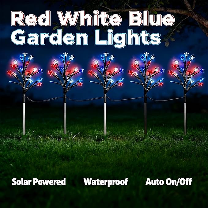 4th of July Decorations Outdoor, 5 Pack Solar Star Lights Red White Blue, 29.5IN 22.3FT 75 LED Patriotic Pathway Lights, 8 Modes Auto On/Off IP65 Waterproof Yard