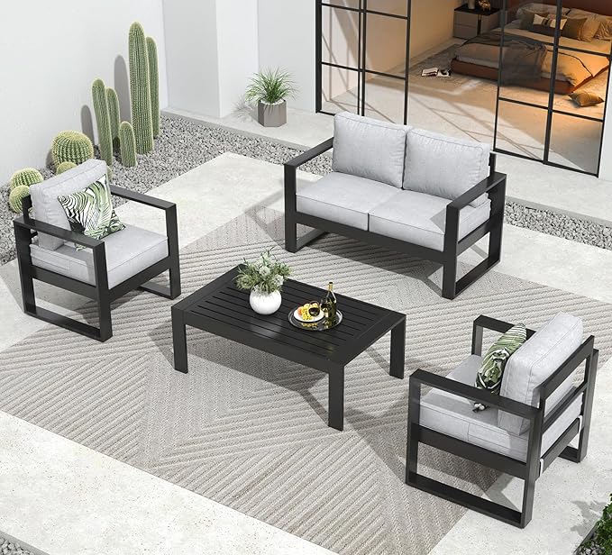 Outdoor Aluminum Furniture Set - 4 Pieces Modern Patio Conversation Sets Metal Sectional Sofa with Coffee Table