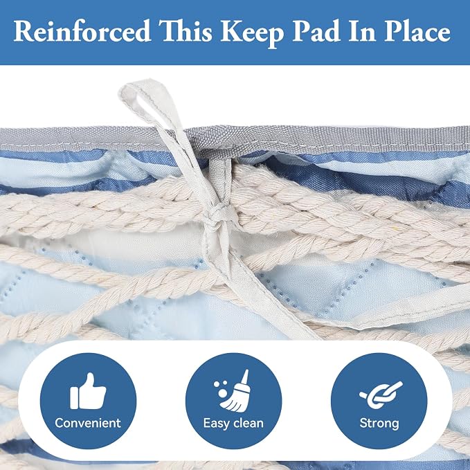 Double Hammock Pad and Pillow Set,78" x 55"Polyester Quilted Hammock Pad, Enhanced Comfort for Rope Outdoor Patio, Garden, Beach Hammocks, BlueStripe