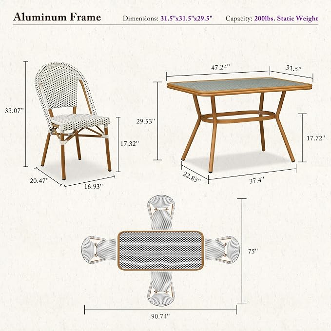 PURPLE LEAF 5-Piece French Bistro Dining Set Rectangle Outdoor Patio Table and 4 Armless Chairs Tempered Glass Top PE Rattan Bamboo Print Finish Aluminum Frame White