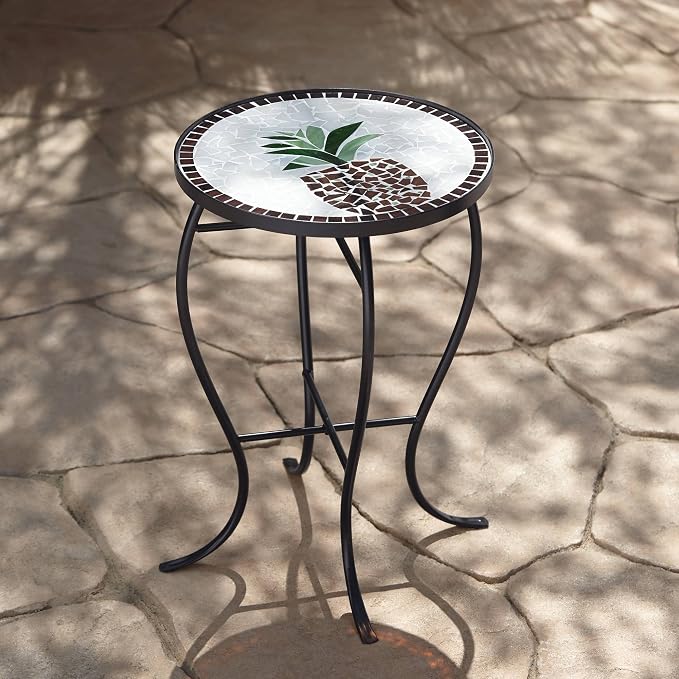 Teal Island Designs Pineapple Modern Black Metal Round Outdoor Accent Side Tables 14" Wide Set of 2 Beige Mosaic Tile Tabletop Gracefully Curved Legs for Spaces Porch Patio Home House Balcony Deck