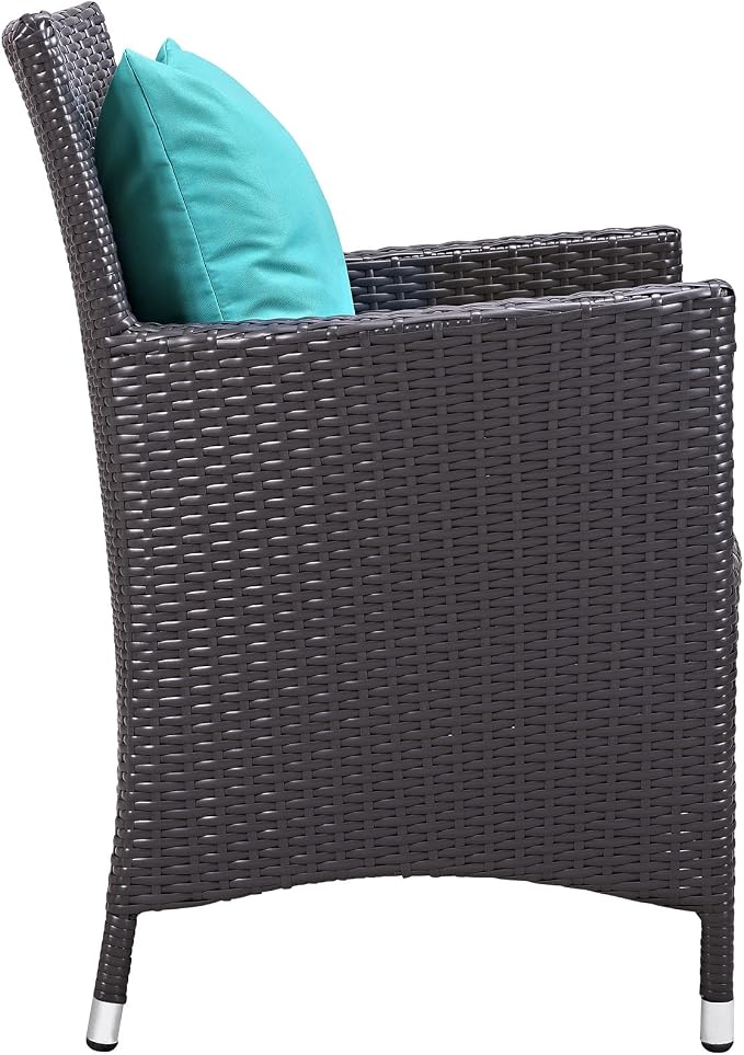 Modway Convene Wicker Rattan Outdoor Patio Dining Armchairs With Cushions in Espresso Turquoise - Set of 4