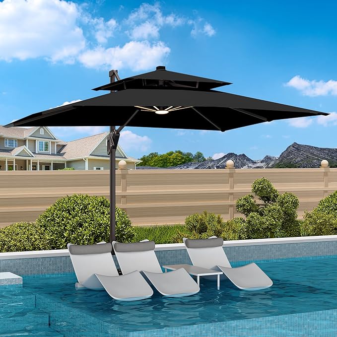 9' X 12' Cantilever Patio Umbrella with Base Included and Led Lights Double Top Rectangular Outdoor Large Offset Umbrellas with 7 Tilts Adjustable 360°Rotation for Deck Pool Garden Backyard, Black