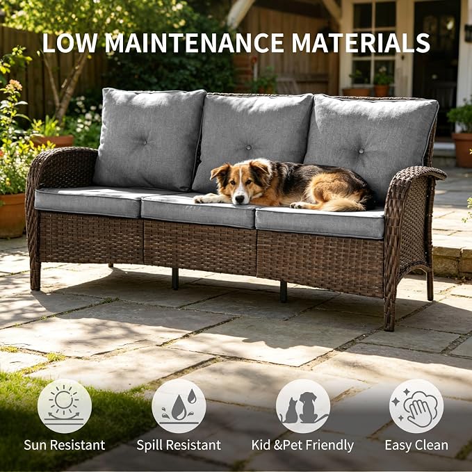 SHGJ&SOFT All Weather Patio Furniture Set, High Back Swivel Rocker Glider Chairs，Ottomans & Glass Tables, Outdoor Conversation Set for Deck Porch Yard Poolside (Grey, 2PCS-Sofa&Table)