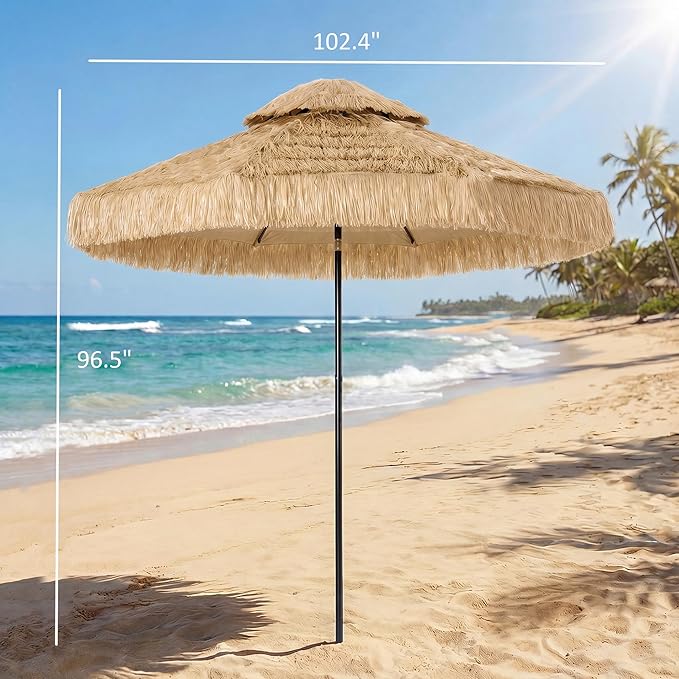 Outsunny 8.5 FT Hula Thatched Tiki Patio Umbrella, 2-Tier Tropical Hawaiian Style Outdoor Umbrella with 8 Ribs, UPF30+, for Garden, Backyard, Deck, Pool, Khaki
