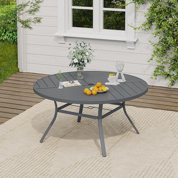 VICLLAX Outdoor Table and Chairs Set for 6, Patio Dining Set of 50" Metal Round Patio Table with Umbrella Hole & 6 Swivel Outdoor Dining Chairs for Backyard Lawn, Grey & Dark Grey