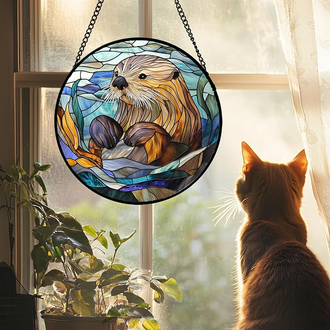 Stained Glass Suncatcher, Blue Ocean Cute Sea Otter Sun Catcher Stain Glass Window Hanging Decoration Mother's Day Birthday Gifts for Women Men Mom Nana 6.3 in
