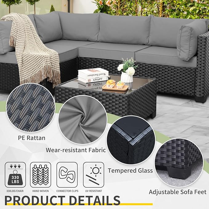 WAROOM Outdoor 5 Piece Patio Furniture Set, Black Rattan Conversation Couch Resin Wicker Sectional Sofa Outside Chair with Coffee Table, Grey Cushion