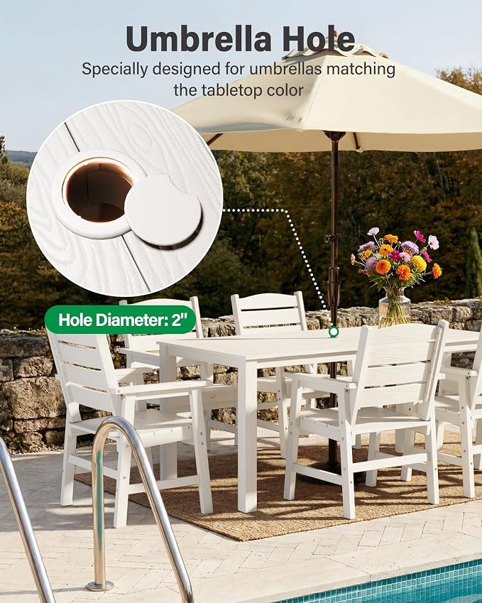 YEFU HIPS Patio Dining Sets: 12-Piece Outdoor Table and Chairs with Umbrella Hole - All-Weather Modern Patio Dining Set for 10 Outside Furniture with Metal Aluminum Frame for Family with Deck White