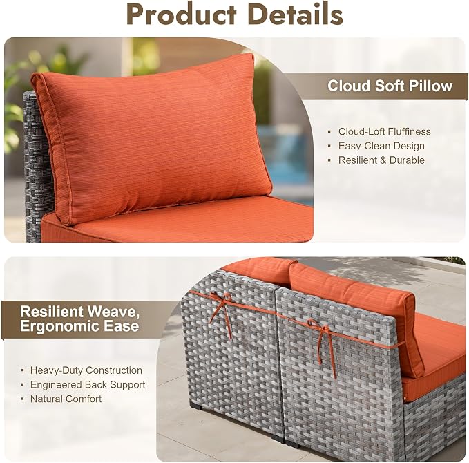 12 Pieces Patio Furniture Set, Wicker Outdoor Sectional Sofa with Coffee Table Comfy Cushions, Modern Modular Deep Seat Rattan Couch Conversation Set for Backyard Porch Yard,Orange