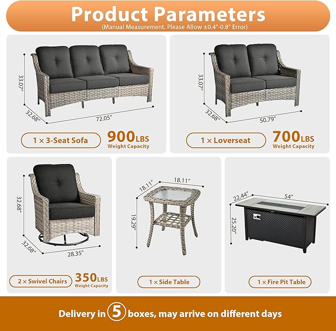 6 PCS Outdoor Patio Furniture Sets,Patio Conversation Sets Outside Rattan Soft Cushion Sofa with 2 Wicker Rocking Chairs & 54 in Fire Pit Table Fit Backyard Porch Garden Poolside Balcony,Black