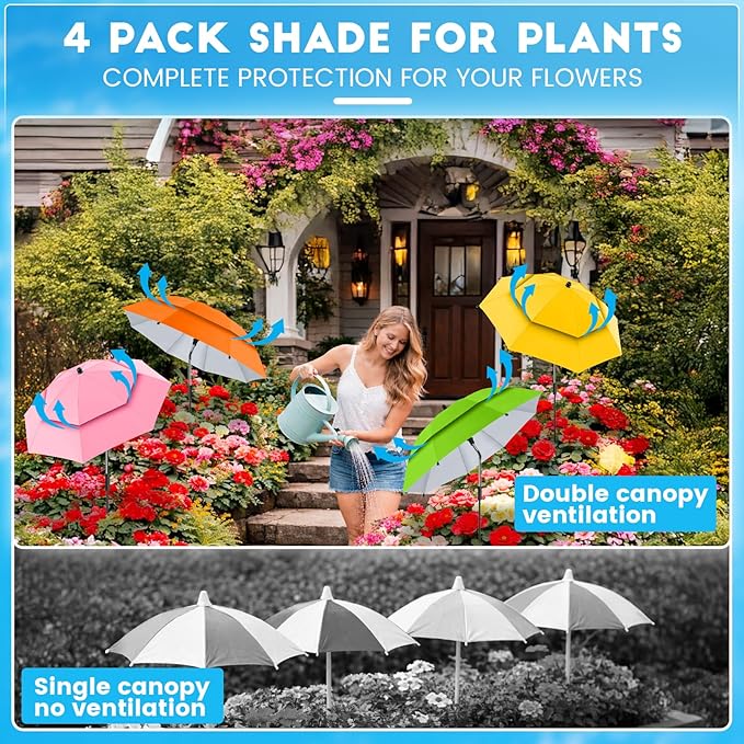 4 Pack 24.9" Double Canopy 47.2" Height Plant Umbrellas for Outdoor Plants, 3D Stakes 360° Adjustable Plant Shades for Outdoor Plants, Garden