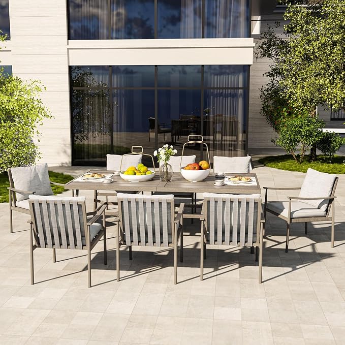 HAPPATIO 9-Piece Patio Table and Chairs Set for 8, Aluminum Outdoor Dining Set with Cushions, 8 Dining Chairs, 1 Large Rectangular Table with Umbrella Hole for Lawn, Porch, Backyard, Grey