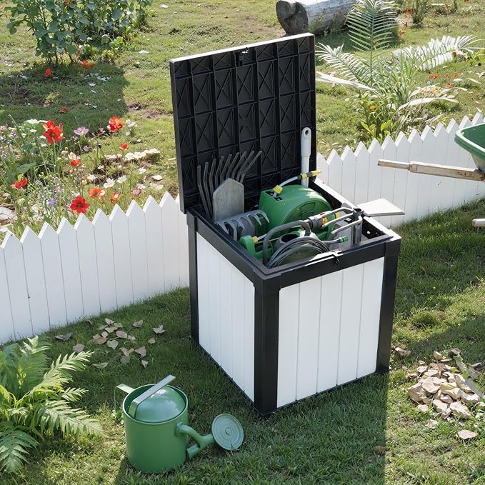 PatioZen 50 Gallon Resin Deck Box, Lockable Outdoor Storage Box for Patio Cushions Storage Furniture,Garden Tools, Pool Supplies, Weatherproof and UV Resistant (Black&White)