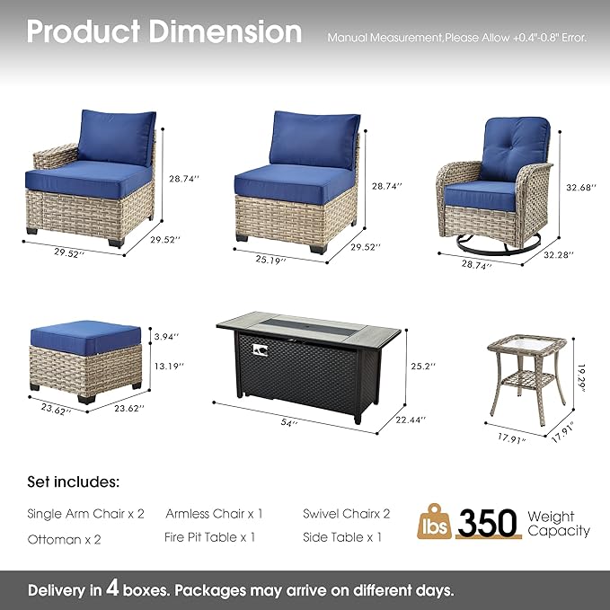 Rattan Patio Furniture Set with Fire Pit Table,9 Pieces Outdoor Sectional with Swivel Chairs Ottoman,Out Door Furniture Conversation Set,Navy Blue