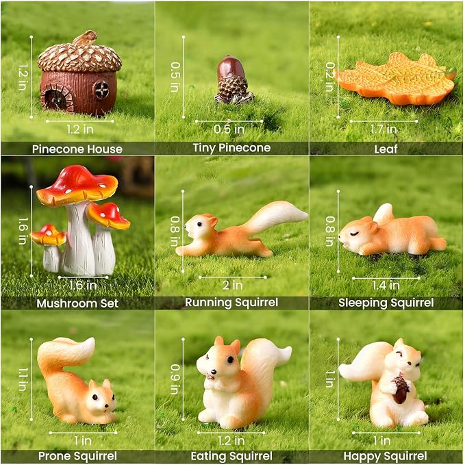 Fairy Garden Accessories, 9 Pieces Squirrel Resin Figures with Pinecone House Mushroom Leaf, Handmade Miniature Decor, Garden Miniatures Decors for Outdoor Home, Perfect DIY Gift