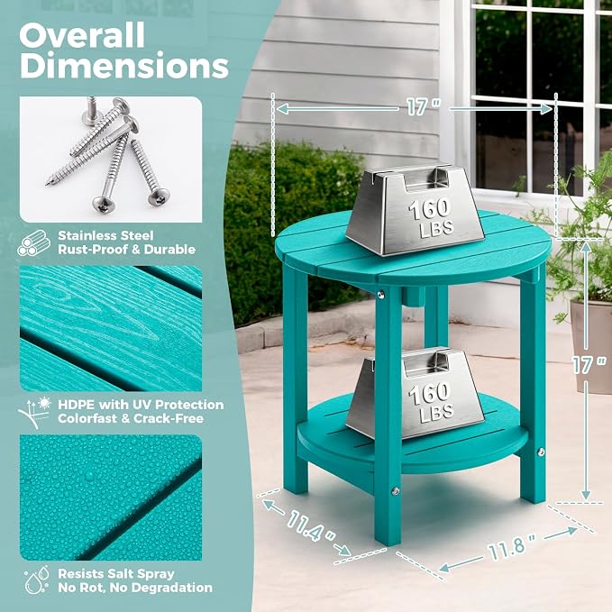 Outdoor Side Table, Adirondack Round 2-Tier Patio Table, Easy Maintenance & Weather Resistant, HDPE End Table for Backyard, Pool, Patio, Porch, Turquoise