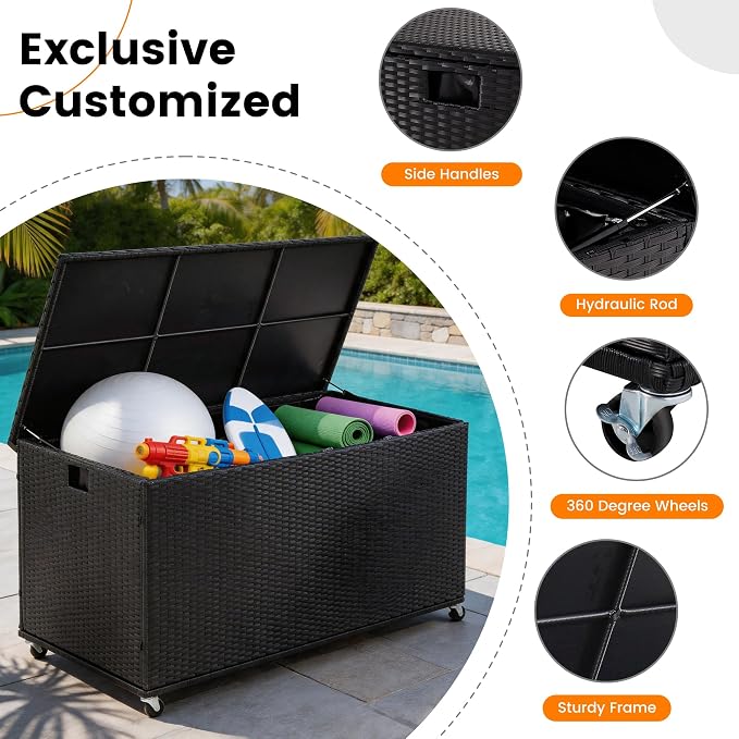 Outdoor 170 Gallon Water-Resistant Wicker Storage Box with Wheels, PE Rattan Deck Box with Waterproof Liner for Outside, Patio Storage Container with Hinged Lid, Horizontal Bin, Black