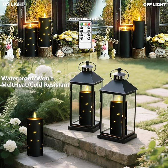 kakoya 10" x 4" Large Outdoor Waterproof Flickering Flameless Candles with Timer,4Pcs Battery Operated LED Pillar Candles with Embedded Star String for Outdoor Lanterns,Porch,Patio Decor(Black)