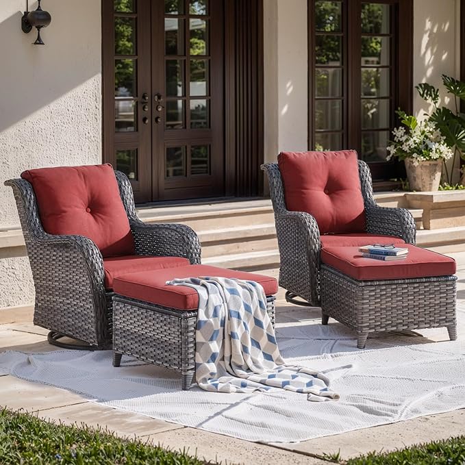 Outdoor Swivel Chairs-Patio Swivel Glider Chairs with Ottomans Outdoor Conversation Set for Deck Balcony Poolside Backyard-Grey/Red