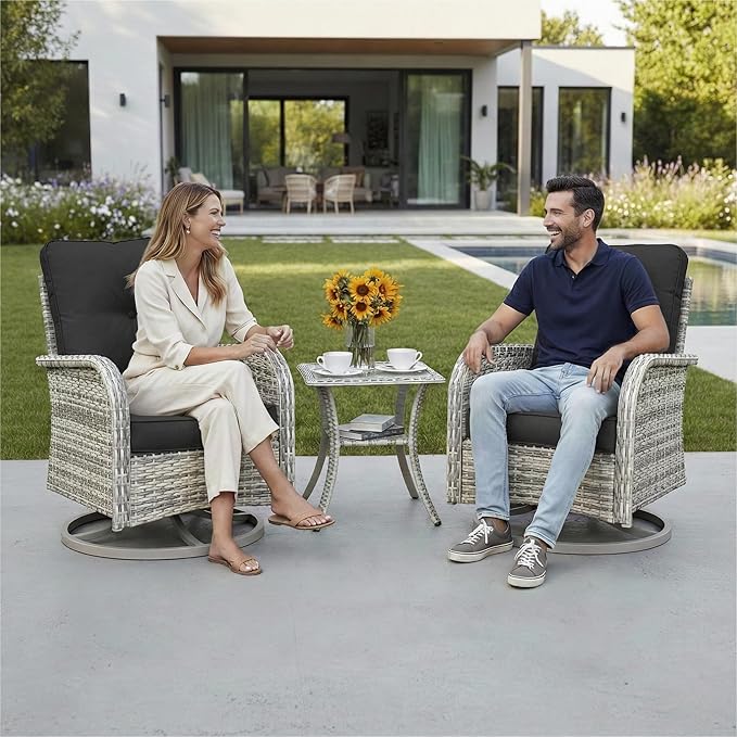 3-Piece Small Patio Furniture Set, Outdoor Swivel Rocking Chairs Set with Wicker Chairs and Tempered Glass Side Table, Outdoor Furniture Patio Bistro Set for Balcony, Deck, Porch