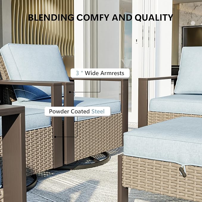 Patio Chairs Set of 2, Outdoor Swivel Rocker Patio Chairs, Metal Patio Furniture with Deep Seating, Thicken Cushions for Deck, Porch, Yard Use (Azure, 2 PCS/Swivel)