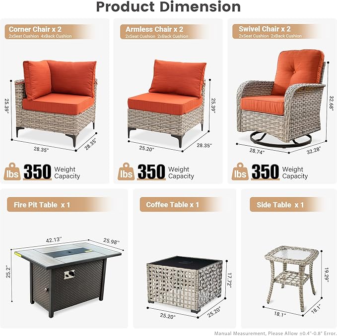 Outdoor Patio Furniture Sets,9 PCS Patio Conversation Set Outside Rattan Sectional Sofa with 42 in Fire Pit Table Wicker Rocking Chair Coffee Table Fit Backyard Porch Garden Poolside Balcony