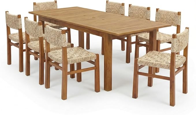 Christopher Knight Home Dudu 9-Piece Outdoor Dining Set Acacia Wood, Expandable Table with Umbrella Hole and 8 Wicker Chairs, Patio Dining Furniture Set for Garden/Backyard, Light Grey+Teak+Natural